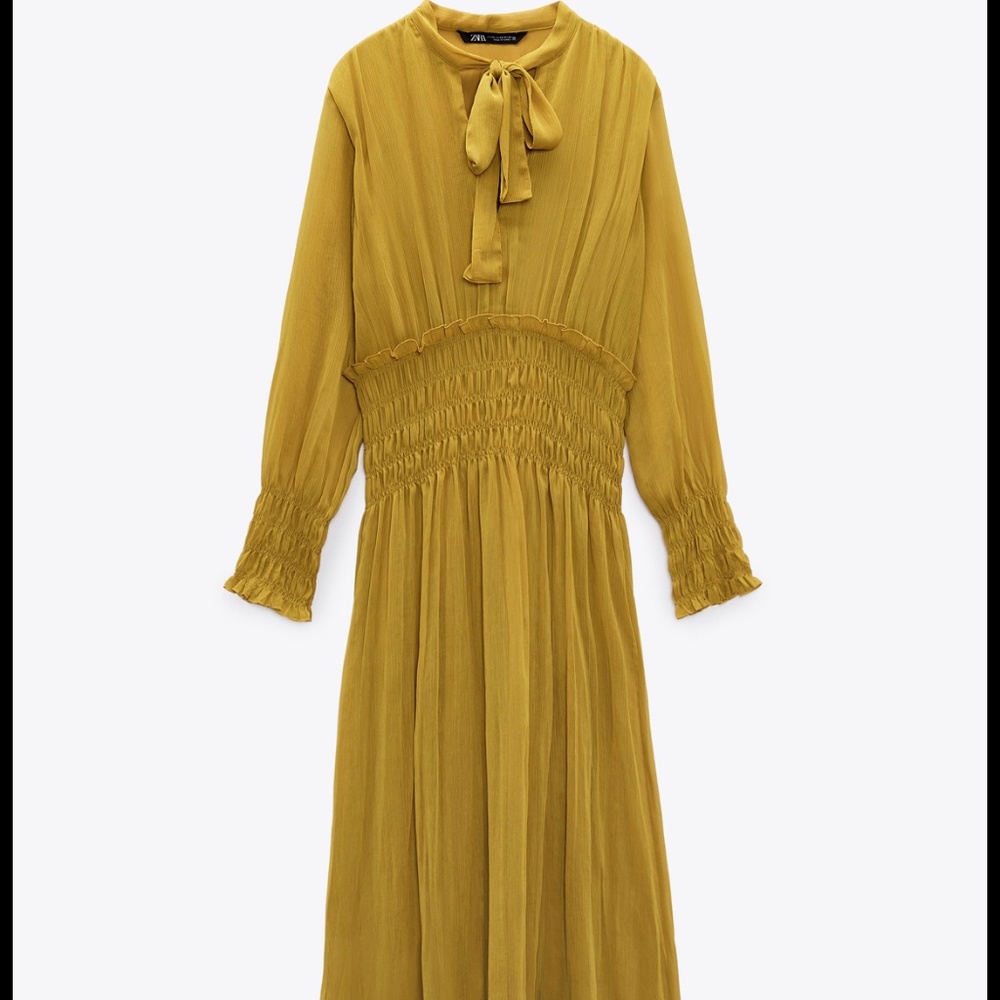 Mustard Elastic Waist Tie Dress